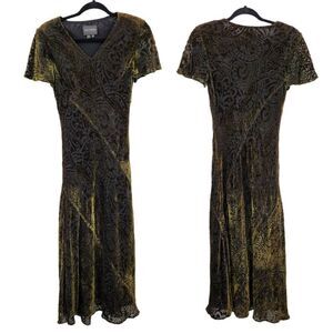 Vintage 80's Kay Unger Dress Formal Crushed Velvet Scroll Burnout Maxi Green 6‎